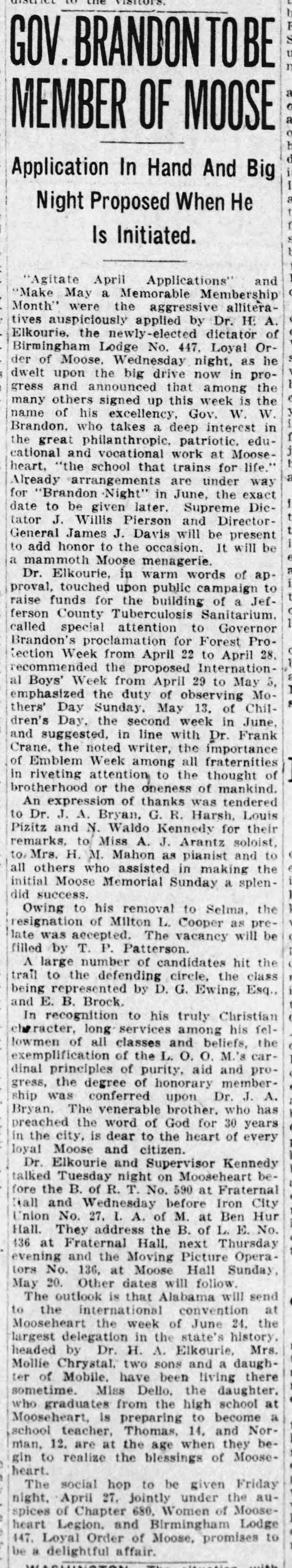 Governor Brandon to Be Member of Moose